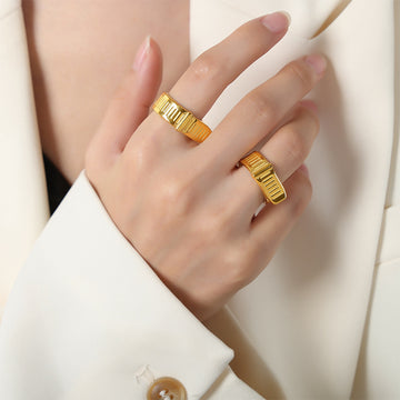 Open Cuff Buckle Ring Grooved Band Gold Or Steel Tone