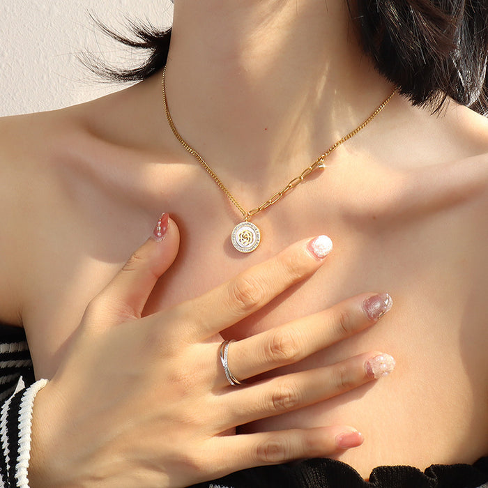 Gold Camellia Shell Disc Pendant Necklace Mixed Link Chain