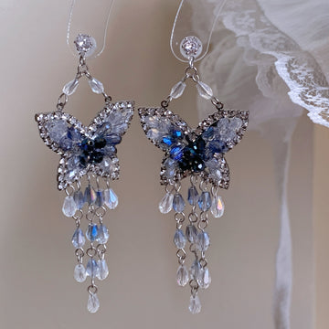 Blue Crystal Butterfly Tassel Drop Earrings Statement Jewelry Design