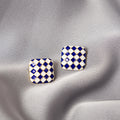 Blue White Checkerboard Square Stud Earrings Enamel view 3