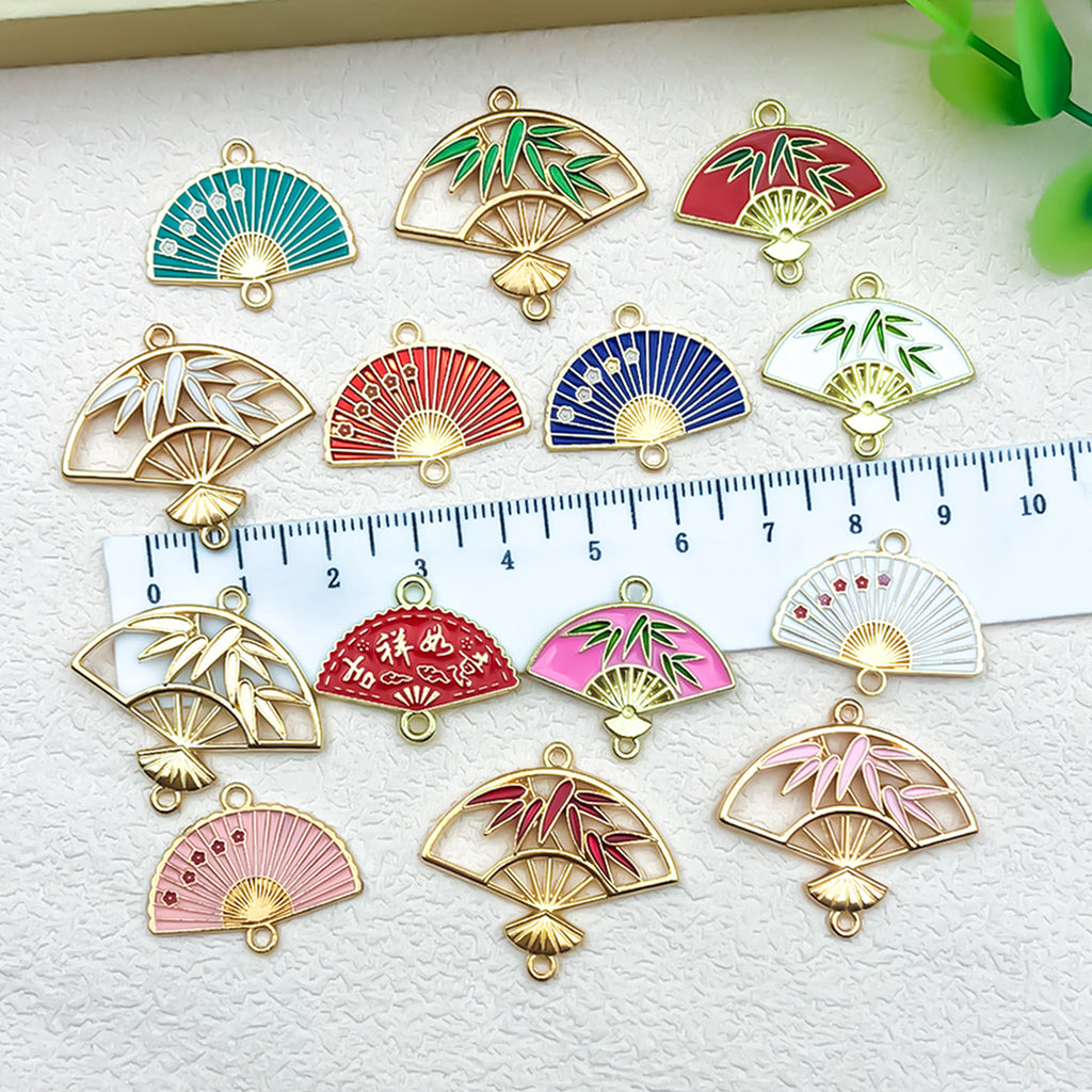 Enamel Zinc Alloy Fan Bamboo Leaf Tassel Charm Pendant for DIY Handmade Jewelry