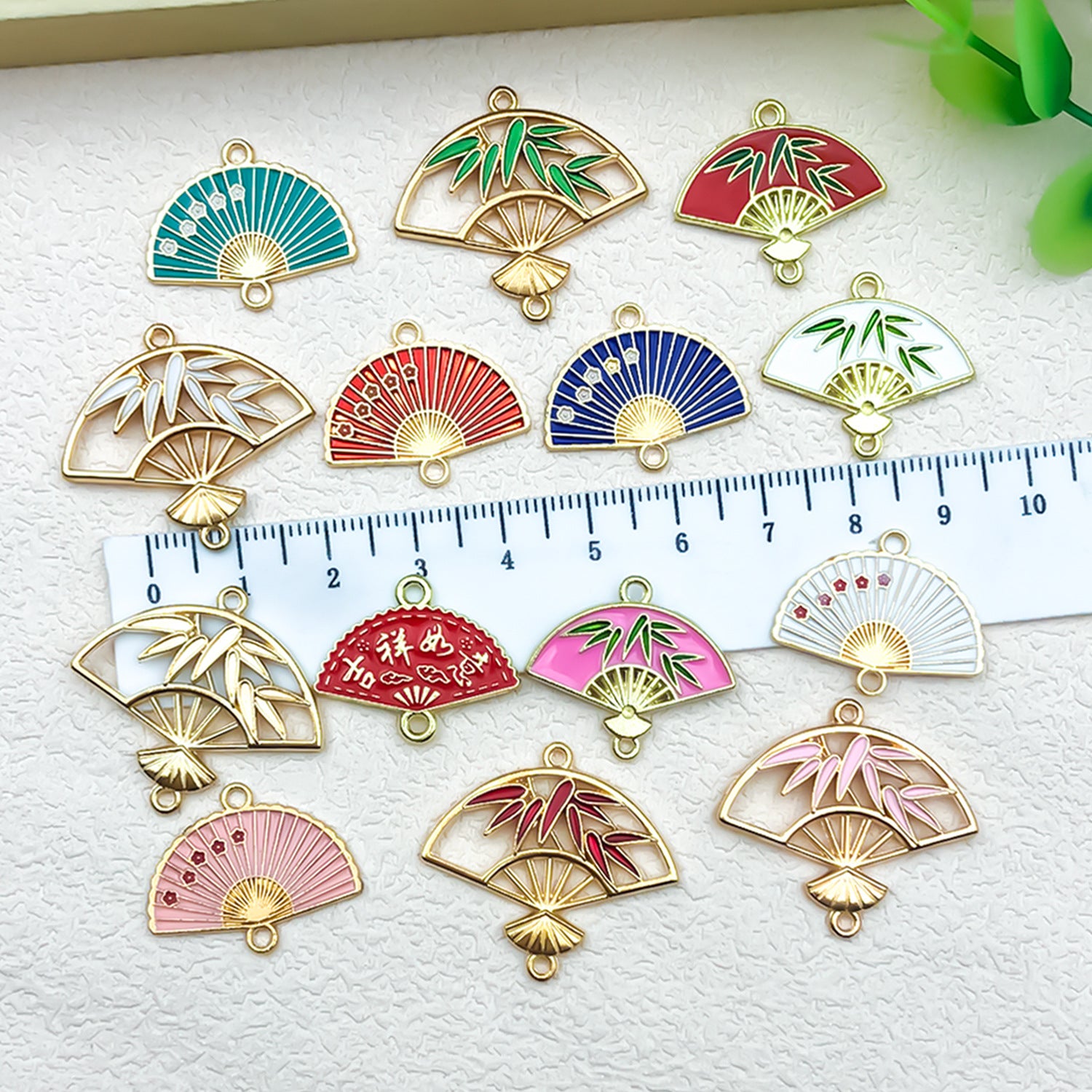 Enamel Zinc Alloy Fan Bamboo Leaf Tassel Charm Pendant for DIY Handmade Jewelry