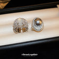 Silver Tone Gray Pearl Like Oval Ring With Clear Crystal Halo view 4