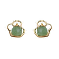 Gold Tone Green Stone Teapot Outline Stud Earrings For Women view 5