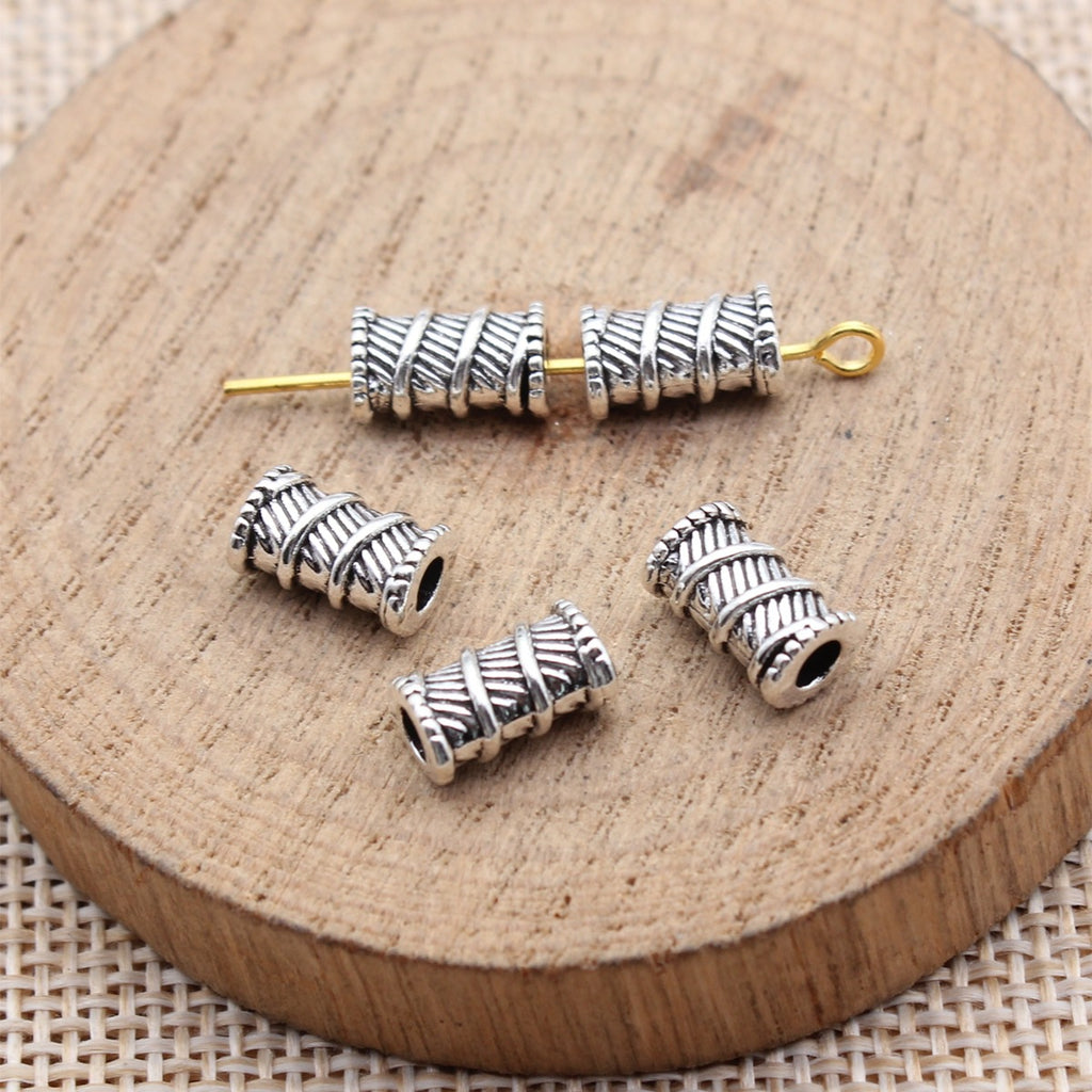 9.8x6x6mm 0.74g Antique Silver Zinc Alloy Ribbed Tube Small Hole Spacer Beads for DIY Bracelet Making