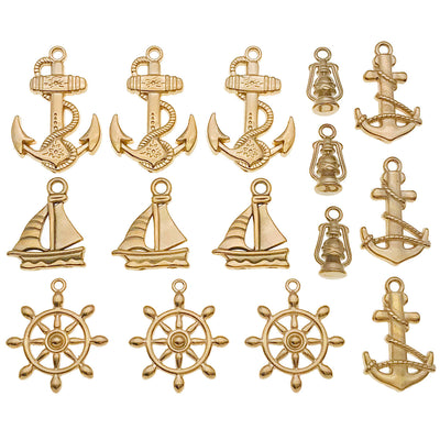 Gold-tone assorted shape charms arranged on a light background