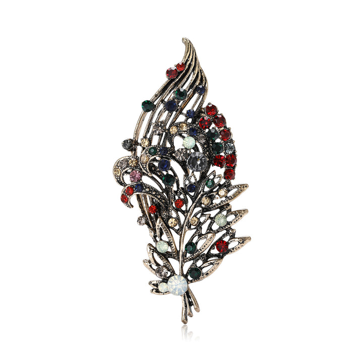 Antique Gold Peacock Feather Brooch With Mixed Color Crystals
