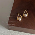 Gold Tone Open Teardrop Frame White Pearl Stud Earrings view 3