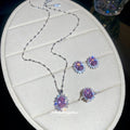 Silver Oval Halo Pendant Necklace Earring Ring Three-Piece Sets view 3