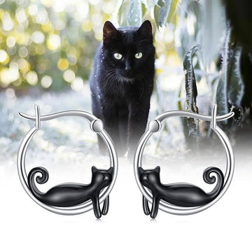 Silver Black Cat Climbing Round Hoop Earrings Pair