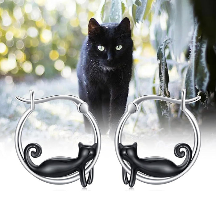 Silver Black Cat Climbing Round Hoop Earrings Pair