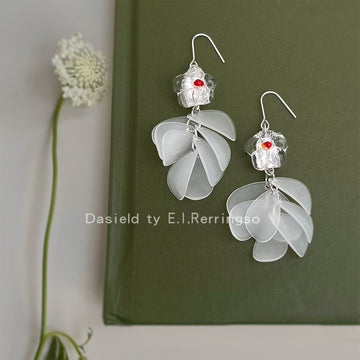 Silver Glass Flower White Petal Tassel Drop Earrings Pair