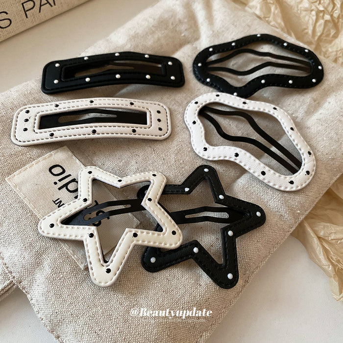 Six Black And White Stitched Oval Rectangle And Star Snap Hair Clips