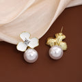 White Three Petal Flower Pearl Look Dangle Stud Earrings view 4