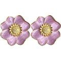 Gold Tone Pink Five Petal Flower Stud Earrings For Women view 5