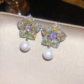 Iridescent Crystal Flower Stud Earrings with Round White Pearl Drops view 6