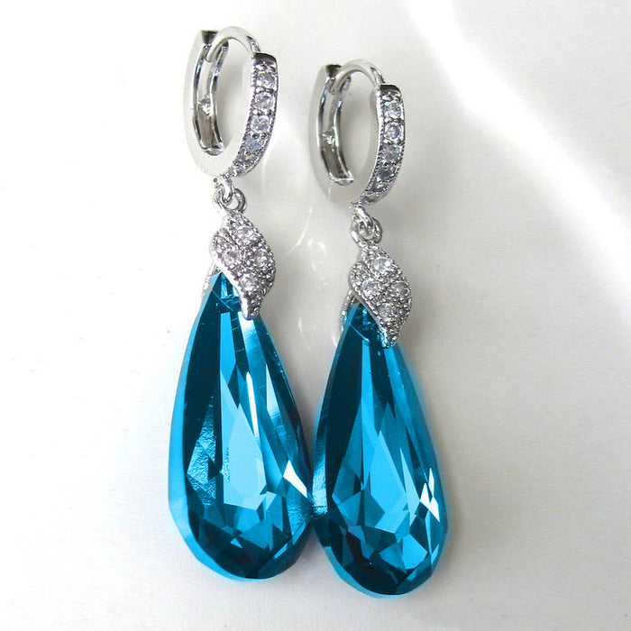 Silver Blue Teardrop Dangle Hoop Earrings Clear Accents