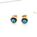 Gold Tone Round Blue Evil Eye Stud Earrings with Push Backs view 4