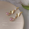 Gold Tone Textured Leaf Pearl And Pink Stone Drop Stud Earrings view 2