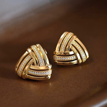 Gold Tone Triangle Interwoven Clear Pavé Stud Earrings Pair