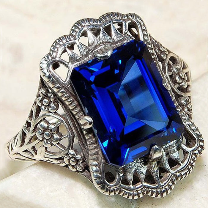 Royal Blue Rectangular Crystal Filigree Ring in Silver Tone