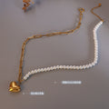 Pearl Half Paperclip Chain Necklace Gold Heart Pendant view 2
