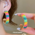 Rainbow Woven C Hoop Stud Earrings With Gold Tone Trim view 4