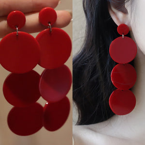 Matte Red Acrylic Layered Disc Drop Earrings in Stud or Clip Style