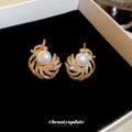 Gold Pearl Drop Earrings in Round and Leaf Frame Designs view 4