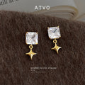 Square Clear Crystal Stud Earrings Gold Star Dangles view 3