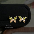 Gold Tone Olive Green And Pink Stone Butterfly Stud Earrings view 6