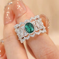 Silver-Tone Oval Green Stone Openwork Lattice Wide Ring Sizes 6-10 view 1