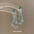 Green and Pink Crystal Geometric Tassel Stud Earrings view 4