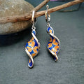 Blue Orange Floral Enamel Twist Earrings Metal Jewelry Design view 2