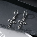 Silver Tone Black Enamel Cross Pendant Necklace and Huggie Earrings view 2