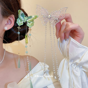 Green Embroidered Pink Mesh Butterfly Duckbill Hair Clips