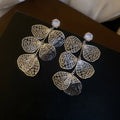 Filigree Fan Leaf Drop Stud Earrings in Gold and Silver Tones view 7
