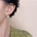 Bow Pearl Stud Earrings Square CZ Gold Silver Tone view 2