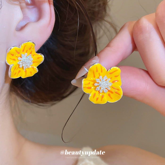 Yellow Enamel-Look Flower Stud Earrings with Crystal Centers