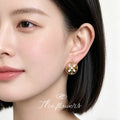Gold Tone Pink Green Floral Pattern Round Medallion Stud Earrings view 2
