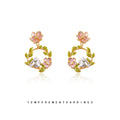 Pink Flower White Rabbit Leaf Wreath Drop Earrings view 1