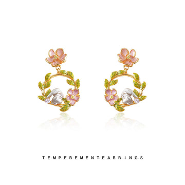 Pink Flower White Rabbit Leaf Wreath Drop Earrings