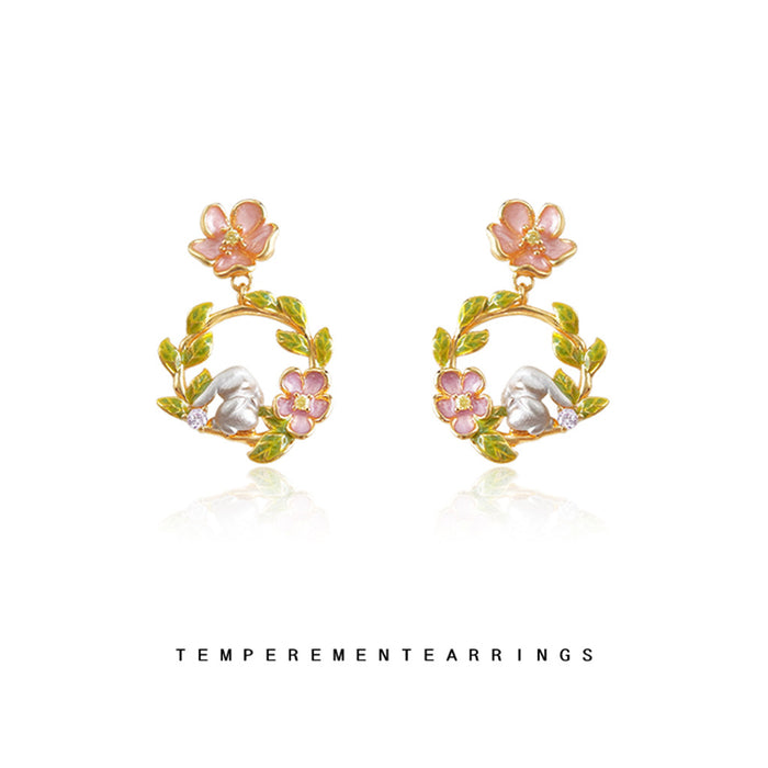Pink Flower White Rabbit Leaf Wreath Drop Earrings