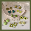 Lime Green Flower Stud Earrings Black Beaded Centers view 2