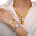 Y Letter Cuban Chain Necklace Bracelet Set Gold Steel Pave Bars view 3