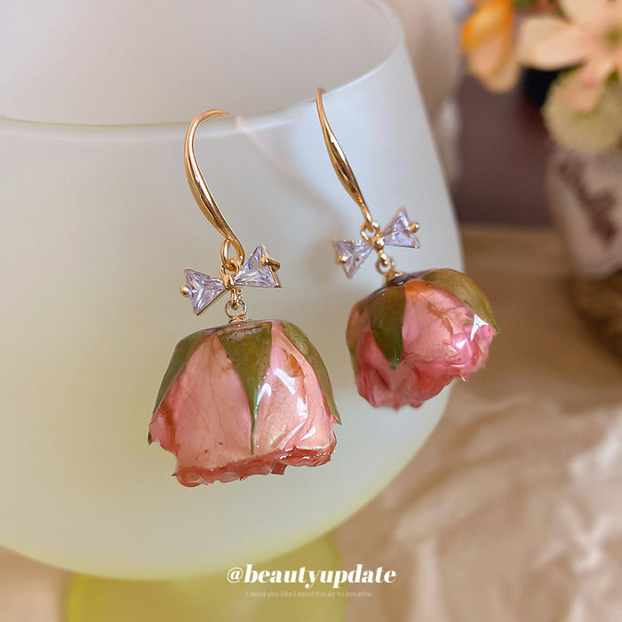 Preserved Pink Rose Bow Hook Earrings Fashion Jewelry Accessory