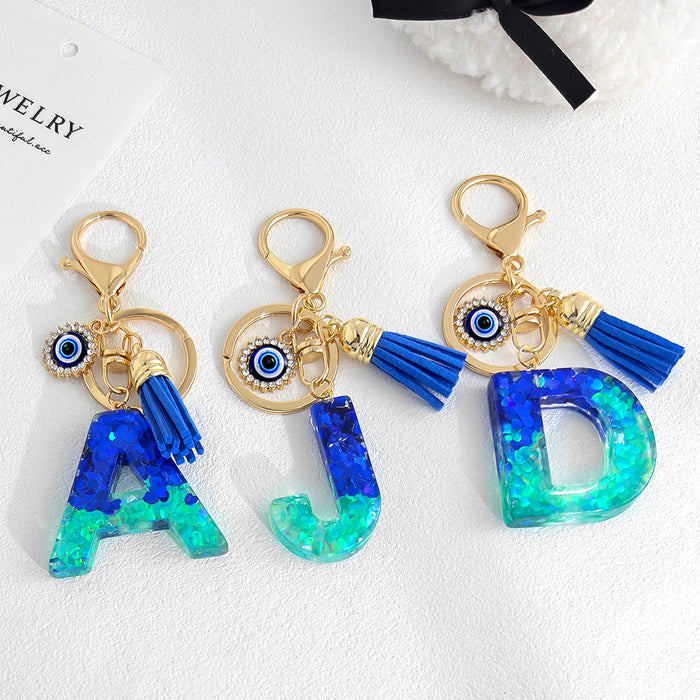Ombre Glitter Resin Letter Keychain With Evil Eye Charm