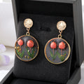 Gold Tone Round Raised Tulip Pressed Flower Resin Drop Earrings view 7