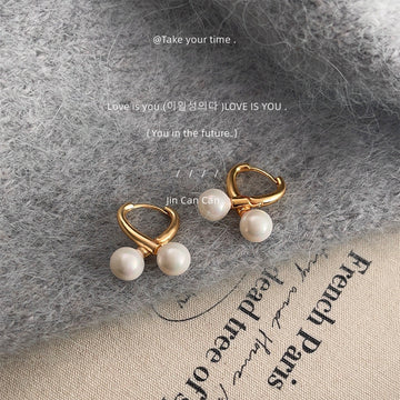 Gold Cross Twist Huggie Hoop Earrings Double White Pearls