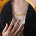 Gold Steel Wavy Bar Pendant Fine Snake Chain Necklace view 4